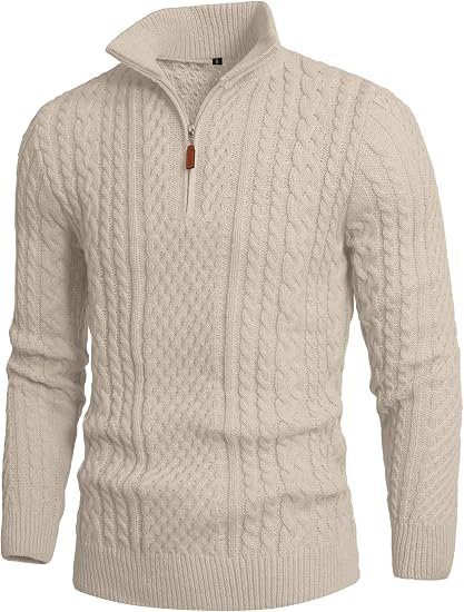 Men's Quarter Zip Sweater Cable Knit Fisherman Long Sleeve Pullover